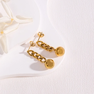 Minimalist 18K gold-plated stainless steel long chain drop earrings with metal bead