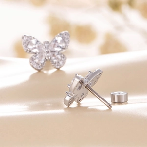 Exquisite silver butterfly stud earrings with sparkling cubic zirconia in stainless steel
