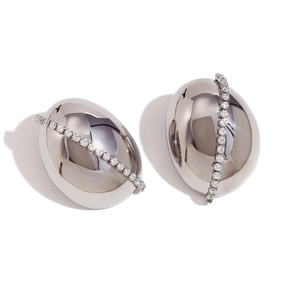 Polished silver stainless steel pebble earrings with diagonal zircon stone inlay