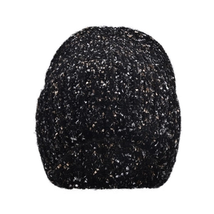 Close-up of thick knit ear protection hat with black and white speckled yarn texture