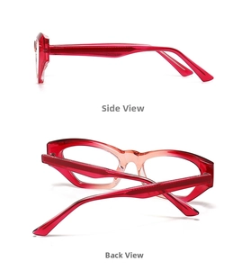 Dettaglio montatura cat-eye sfumata rossa con linee morbide e naselli integrati nel telaio