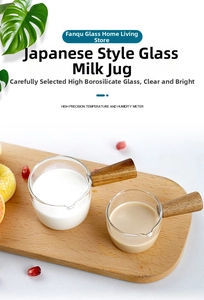 Detail of heat-resistant borosilicate glass creamer pitcher with ergonomic wooden handle