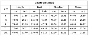 Detailed size information chart for men's casual hooded zip-up sweatshirt jacket