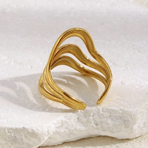Minimalist 18K gold plated stainless steel triple wave open ring on stone base