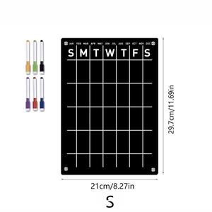Detailed view of A4 black magnetic acrylic weekly calendar board with 6 color markers