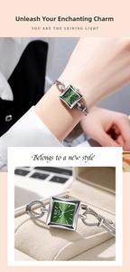 Dual view of a vintage silver bracelet watch featuring a square green sunray dial