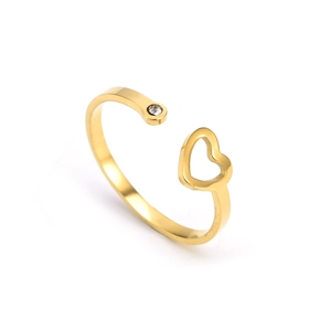 Golden heart-shaped open ring with a small zircon accent in a minimalist style