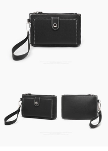 Front and back view of a black leather coin purse with white stitching and wrist strap
