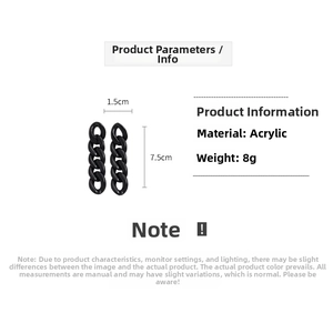 Detailed specs of 7.5cm black acrylic chain drop earrings with 8g weight and size labels