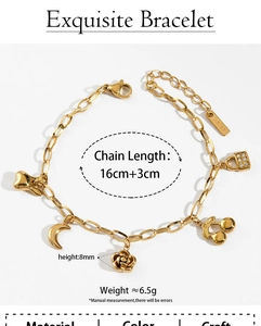 Detailed view of stainless steel bracelet with rose cherry and moon charms 16cm plus 3cm