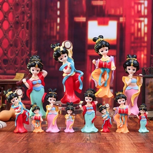 Detailed group view of 12 Chinese Dunhuang style resin figurines in traditional attire
