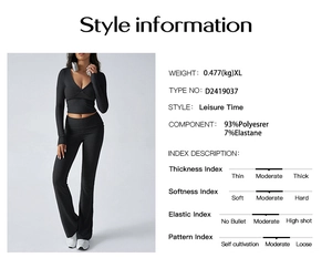 Sizing and fabric details of black long sleeve V-neck crop top and flared pants set