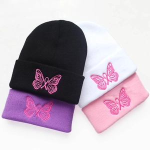 Pink butterfly embroidery knit beanies for men and women in various colors for autumn