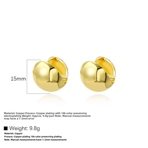 Detail view of 15mm 18k gold plated hollow spherical hoop earrings with mirror finish