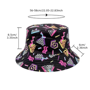 Retro geometric graffiti bucket hat with colorful patterns on black, size 56-58cm