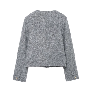 Back view of a grey tweed cropped jacket with long sleeves and classic textured fabric
