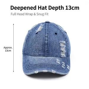 Distressed blue denim baseball cap with 13cm depth and vintage ripped details