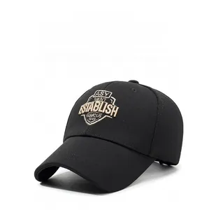 Close-up of high-density breathable fabric with 3D embroidery on black baseball cap