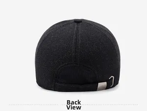 Detail view of the winter baseball cap's back with metal buckle and wool texture