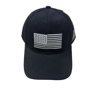 Black cotton baseball cap with American flag embroidery on front and side, neutral sport style