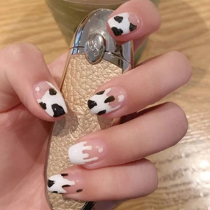 Press On Nails Cow Print White French Tip Ballerina Fake Nails Glossy Nude Long Length For Women Fashion