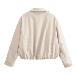 Back view of a classic beige faux leather jacket for women with lapel collar and sleek finish