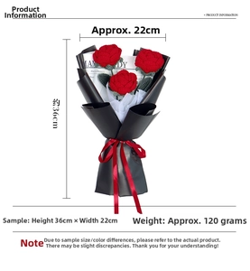 Detail view of handmade crochet red rose bouquet with height and weight measurement labels