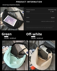 Detailed size chart and multi-color nylon dumpling bag comparison with tablet reference