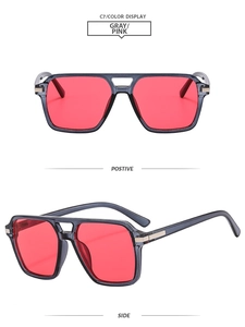 Front and side views of square pilot sunglasses with grey frames and pink lenses