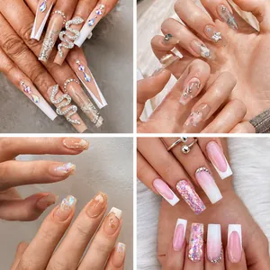 Press-on nail set featuring stiletto and coffin shapes with glitter and rhinestone designs