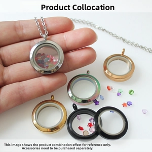 Macro view of floating glass locket pendants in various metal colors with crystals