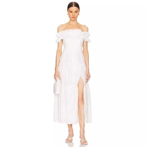 Elegant white off-shoulder midi dress with ruffle neckline and high slit detail