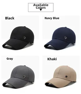 Detailed grid view of casual baseball caps in black, navy, grey, and khaki colors