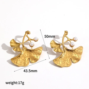 Gold ginkgo leaf earrings with pearls and dimensions showing 50mm height and 43.5mm width