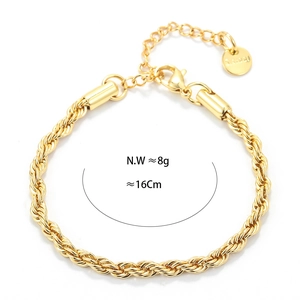 4mm gold twist rope chain bracelet in stainless steel with lobster clasp and extension