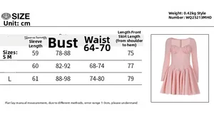 Size chart for long sleeve lace dress with measurements for S, M, and L sizes