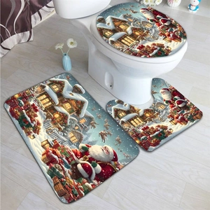 Detailed view of a 3-piece Christmas bathroom rug set with festive Santa Claus pattern