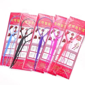 Five colorful hair styling tools for buns and braids with detailed usage instructions