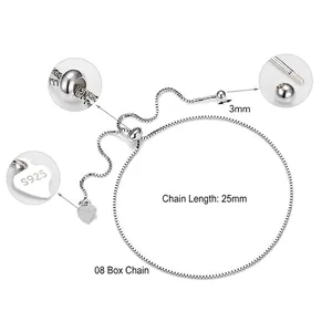 Adjustable S925 sterling silver box chain bracelet with heart tag and 3mm beads