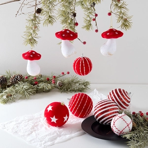 Red and white Christmas mushroom and ornament set for festive tree decoration