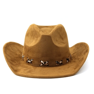 Classic dark brown suede western cowboy hat with stylish leopard print cross stitching