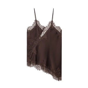 Detailed view of dark brown satin camisole featuring delicate lace trim and asymmetric hemline