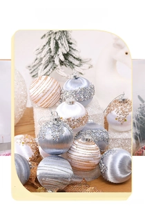Detail of glitter stripes and sequins on silver and white silk-wrapped Christmas balls