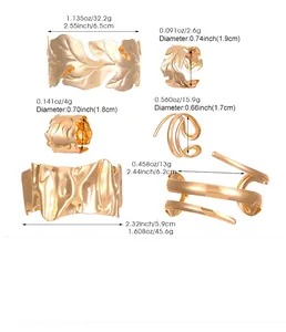 Detailed size chart for leaf and textured gold alloy cuff bracelets and rings jewelry set