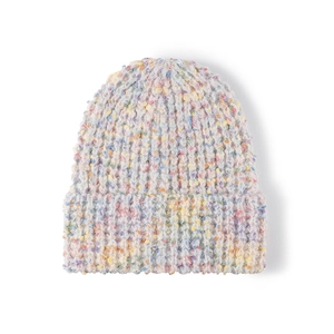 Women's warm knitted beanie with confetti yarn pattern and folded cuff in light grey