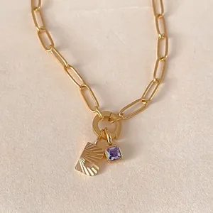 Collana a Catena a Graffetta in Acciaio Inossidabile per Donna Gioielli Personalizzati Con Ciondolo a Lettera a Taglio Diamantato Strass Viola