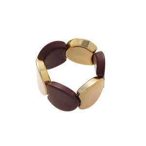 Elastic acrylic bracelet with oval chunky links in gold and dark brown stylish finish