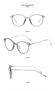 Three angles of transparent grey cat eye glasses frames with metal temples on white background