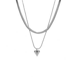 Minimalist silver double layer necklace with flat snake chain and 3D heart pendant