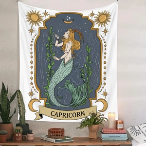 Detailed Capricorn zodiac wall tapestry featuring retro astrology and star patterns